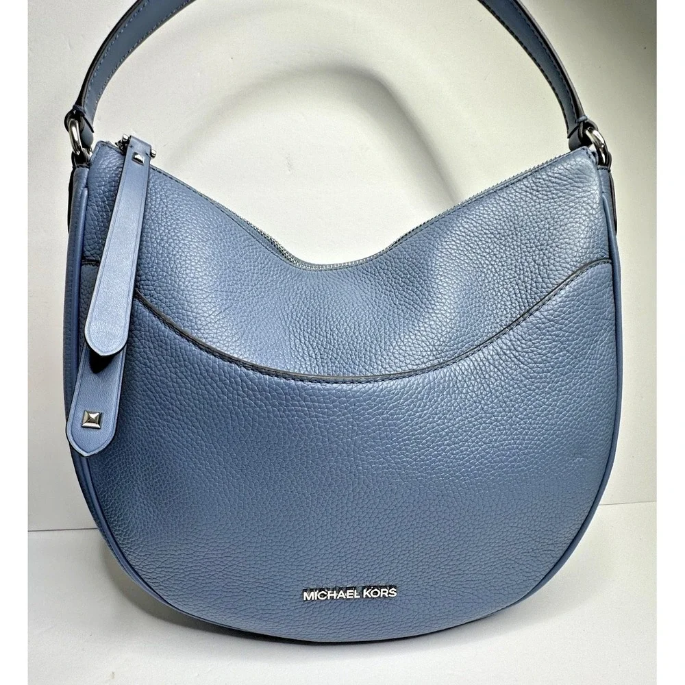 Michael Kors Dover Blue Leather Hobo Purse Shoulder Bag Half Moon